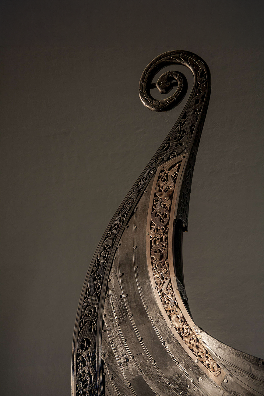 The bow of a ship from the Viking Age, called the Oseberg Ship