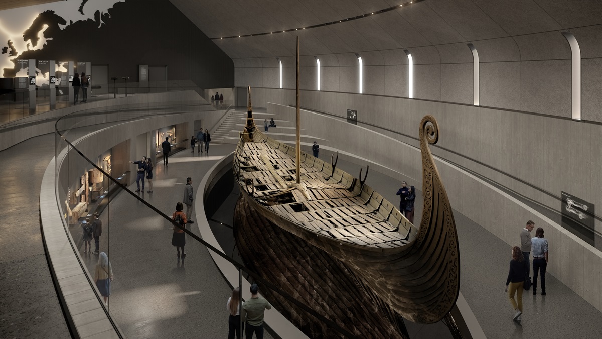 Illustrasjon av hvordan vikingskipet Osebergskipet kan sees i det kommende Vikingtidsmuseet.
