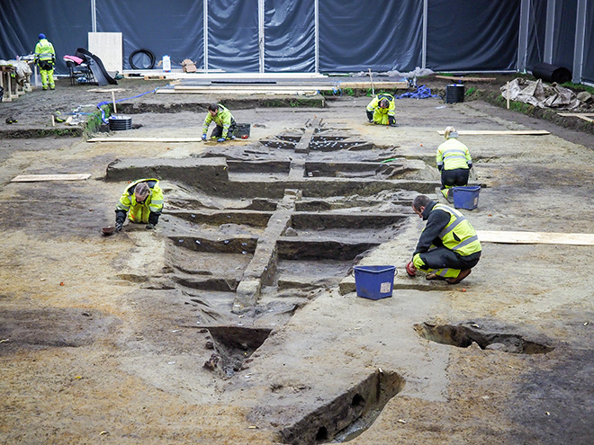 soil, excavation, archaeologists, ship outline, viking ship