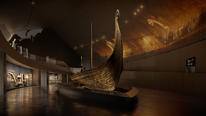 Illustration of a viking ship exhibited in a museum
