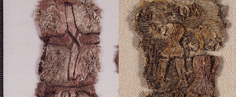 Nærbilde av tekstiler som ble funnet i vikingskipet Osebergskipet
