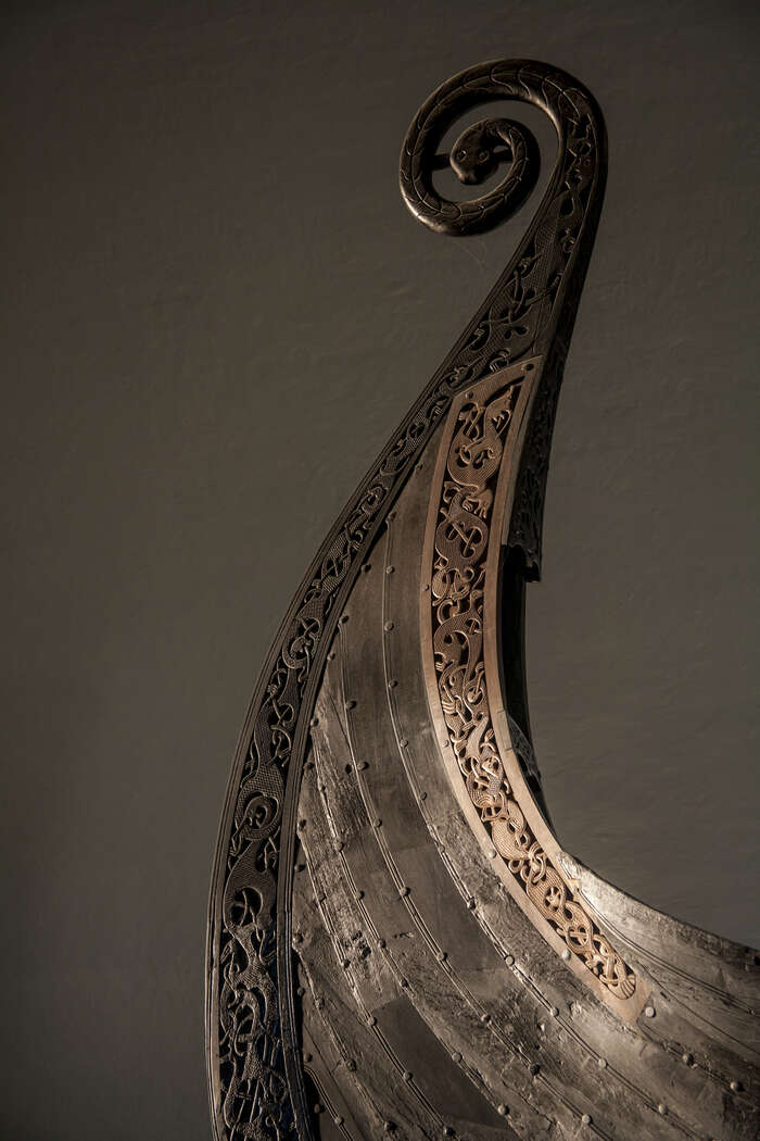 The bow of the Oseberg ship, with the famous spiral at the top.
