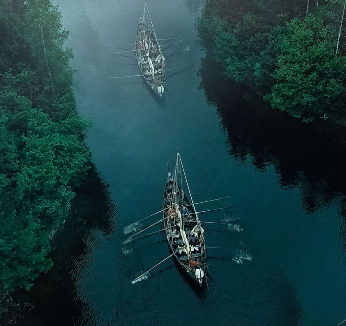 Viking ships at sea.